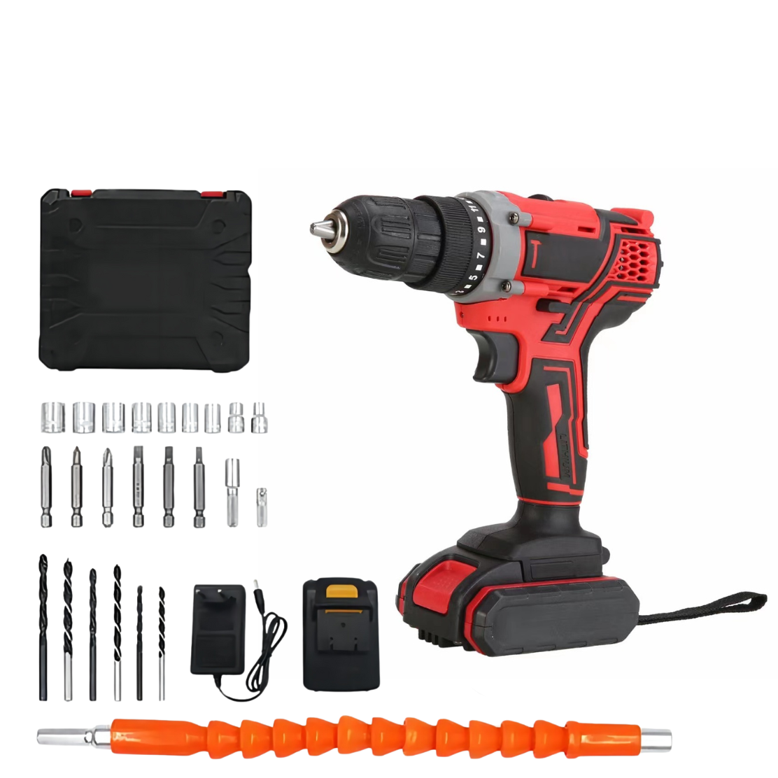 Factory direct sales red rubber coated lithium electric drill, double battery, with drill bit